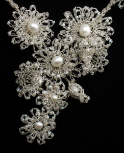 detail of crocheted silver floral necklace